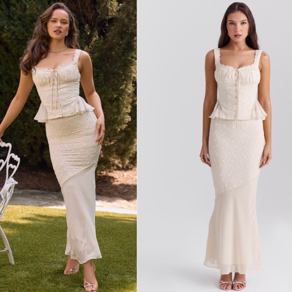 House of CB LANA Vintage Cream Cotton Broderie Anglais Maxi Skirt NWT